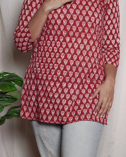 Red Handblock Printed Short Kurta