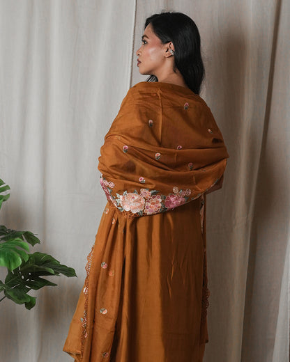 Rust Brown Floral-Embroidered Suit Set