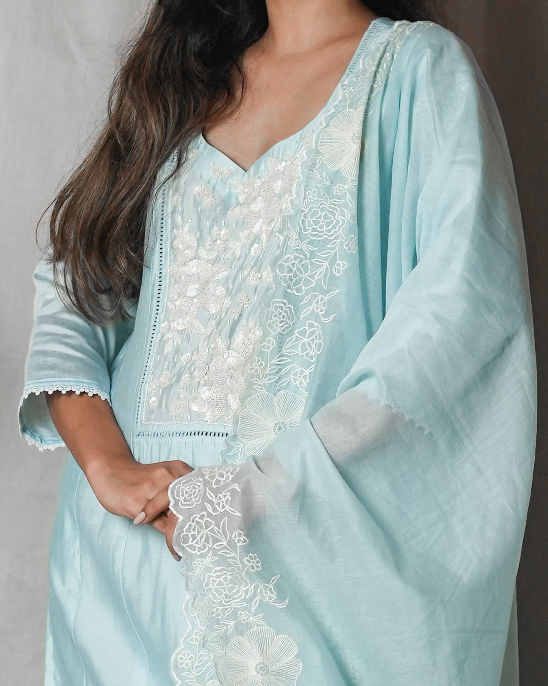 Powder Blue Chikankari-Style Suit Set