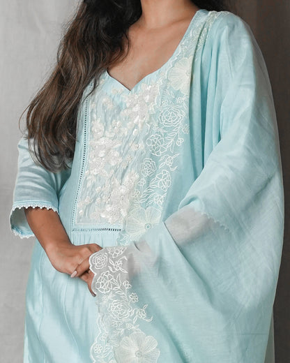 Powder Blue Chikankari-Style Suit Set