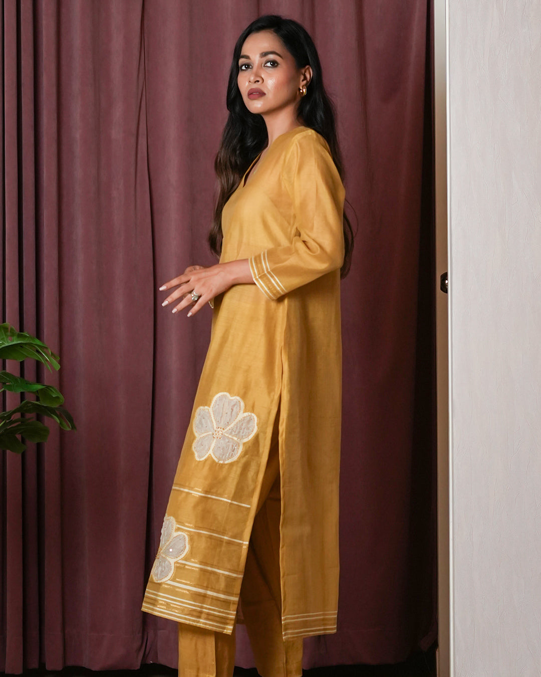 Mustard Yellow Thread-Embroidered Suit Set