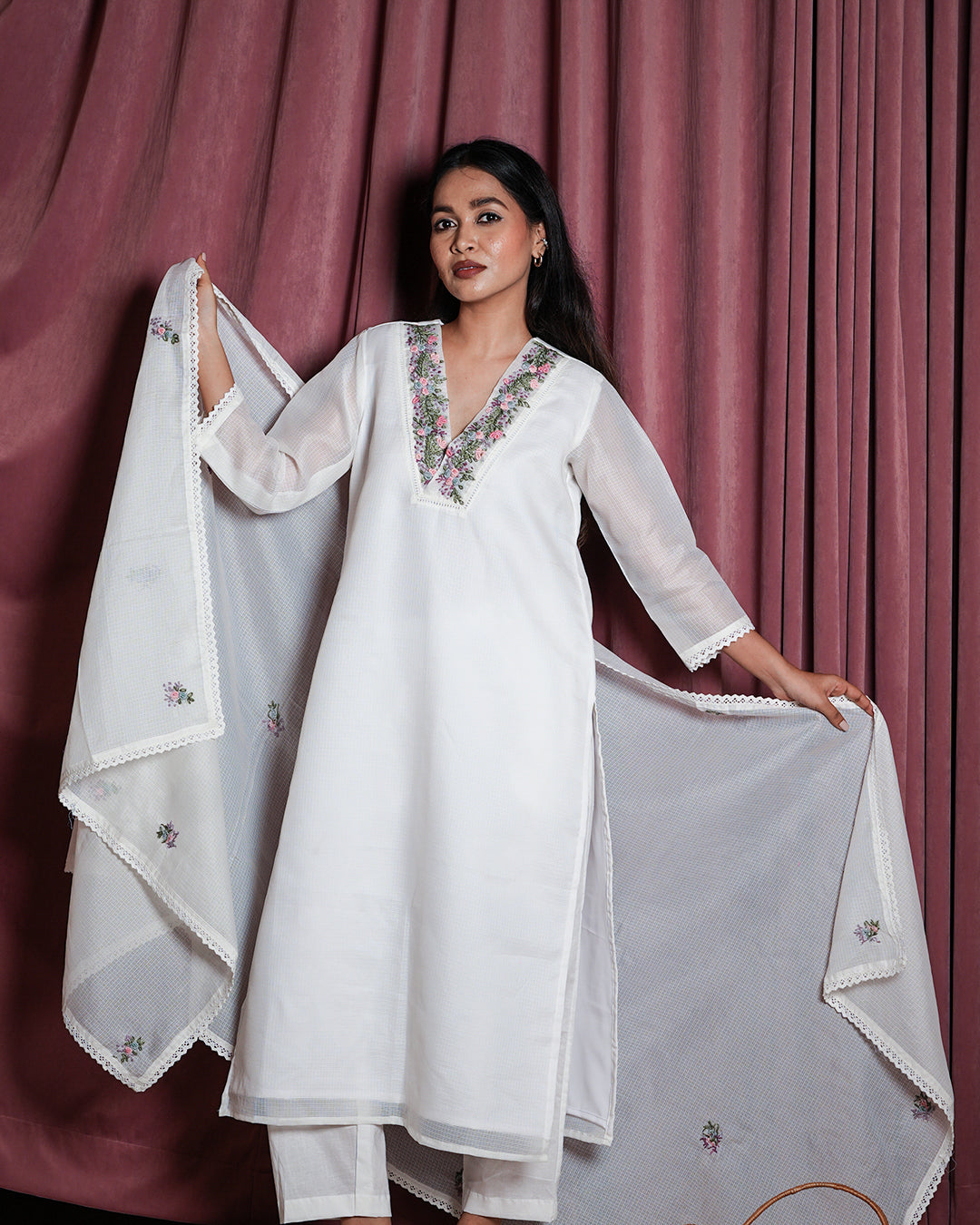White Floral-Embroidered Ethnic Suit Set