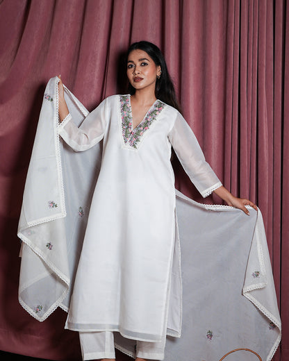 White Floral-Embroidered Ethnic Suit Set