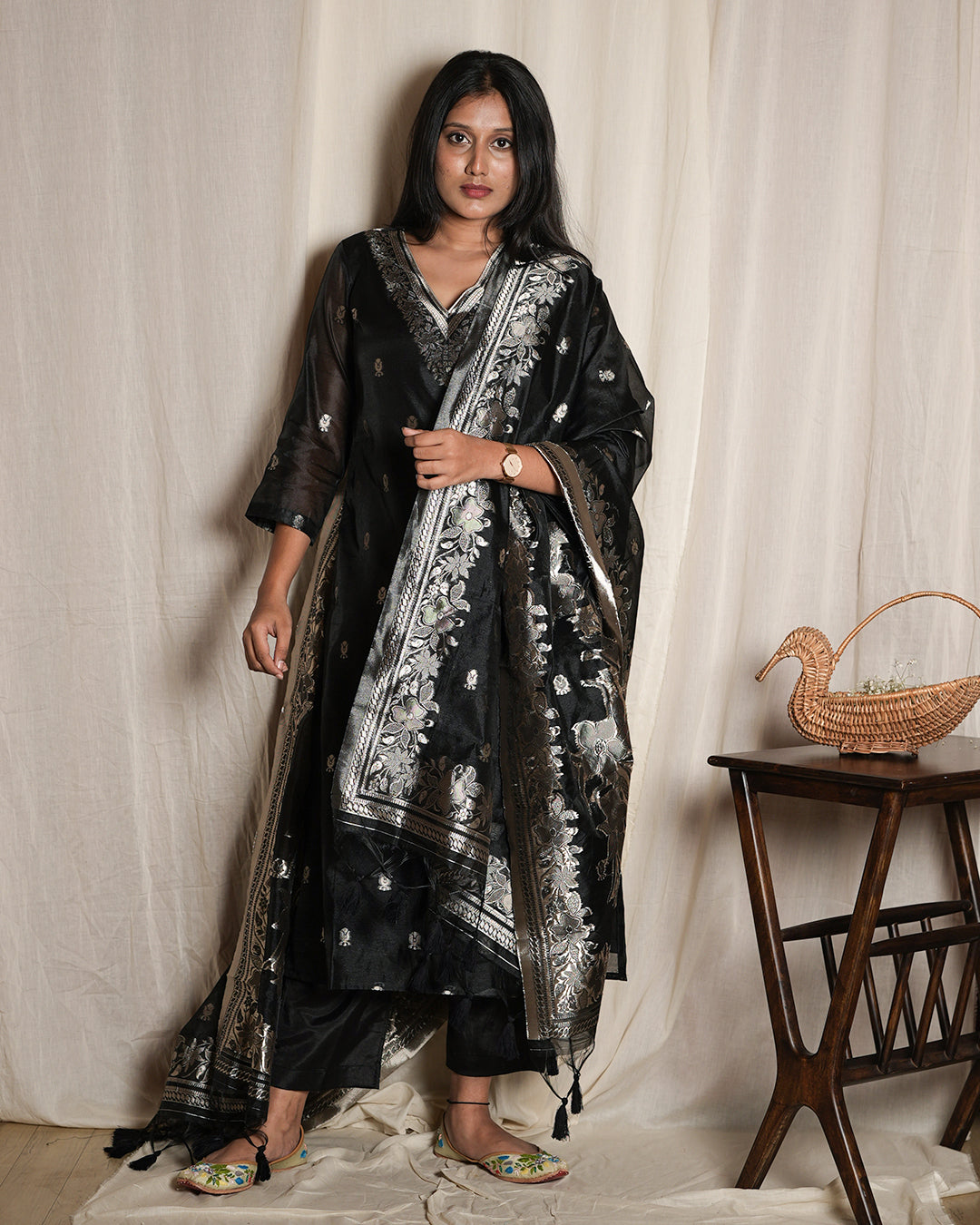 Black Handblock-Style Printed Banaras chanderi set