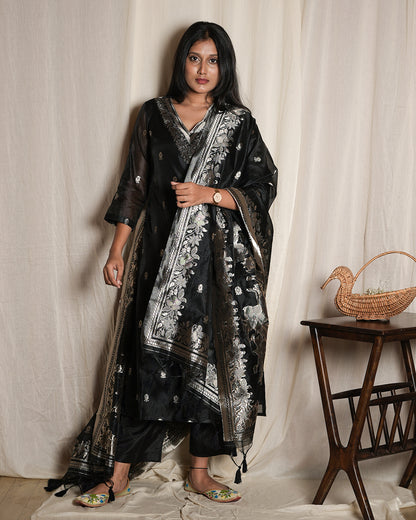 Black Handblock-Style Printed Cotton Suit Set