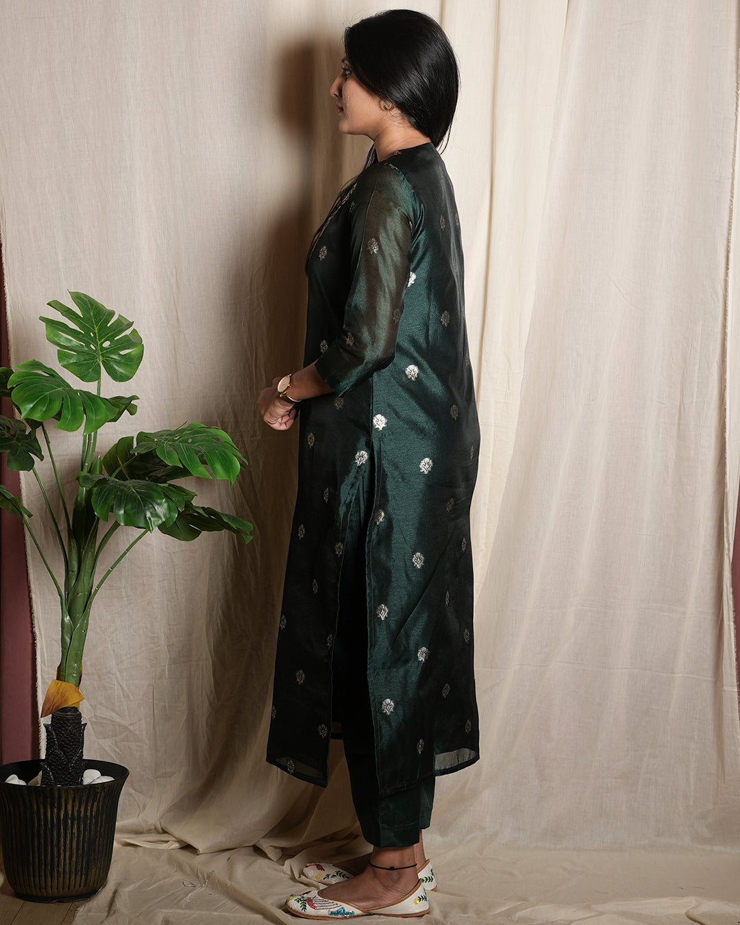 Rolaye Green Handblock-Style Printed Banaras chanderi set