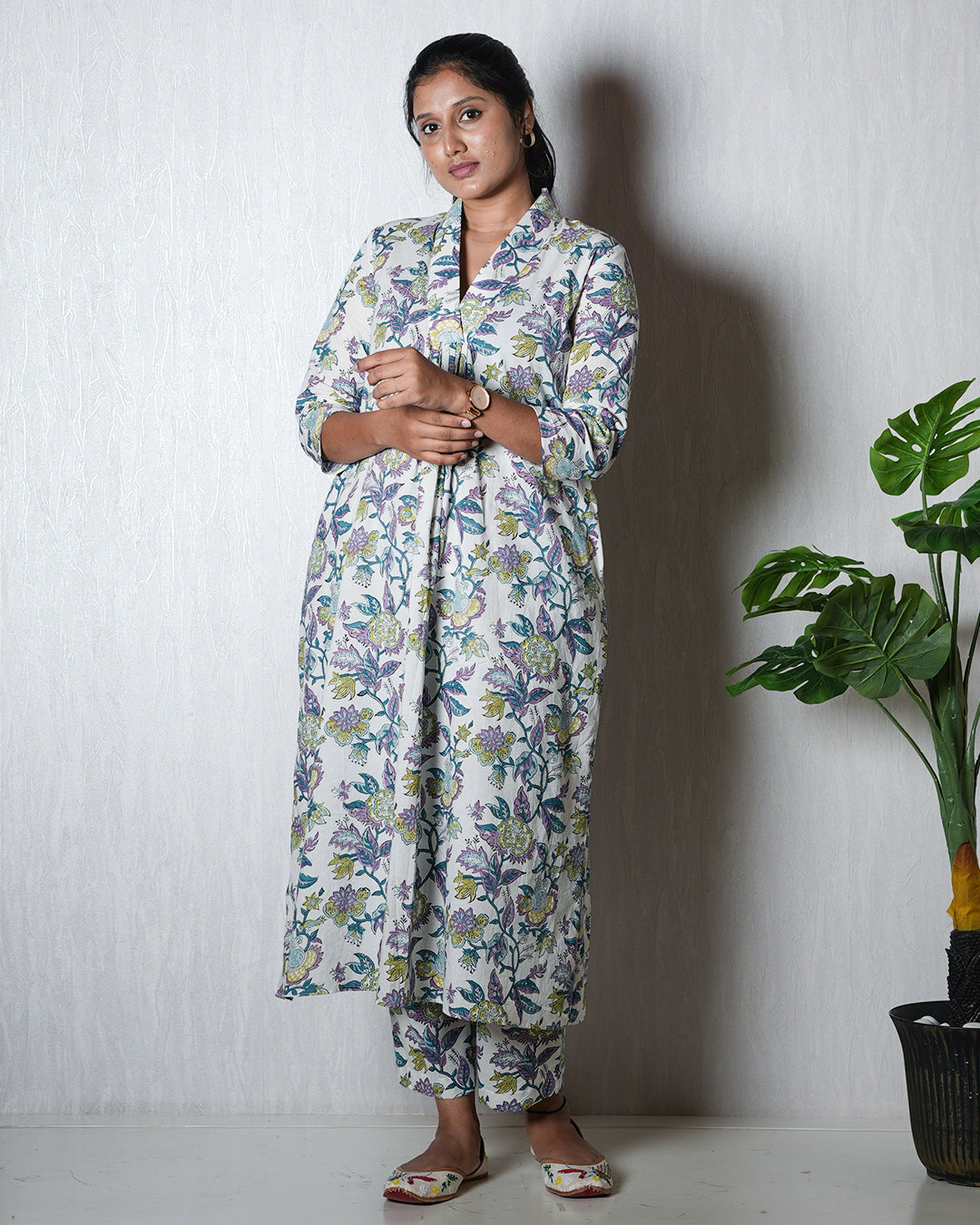 White Floral Hand block Kurta Set