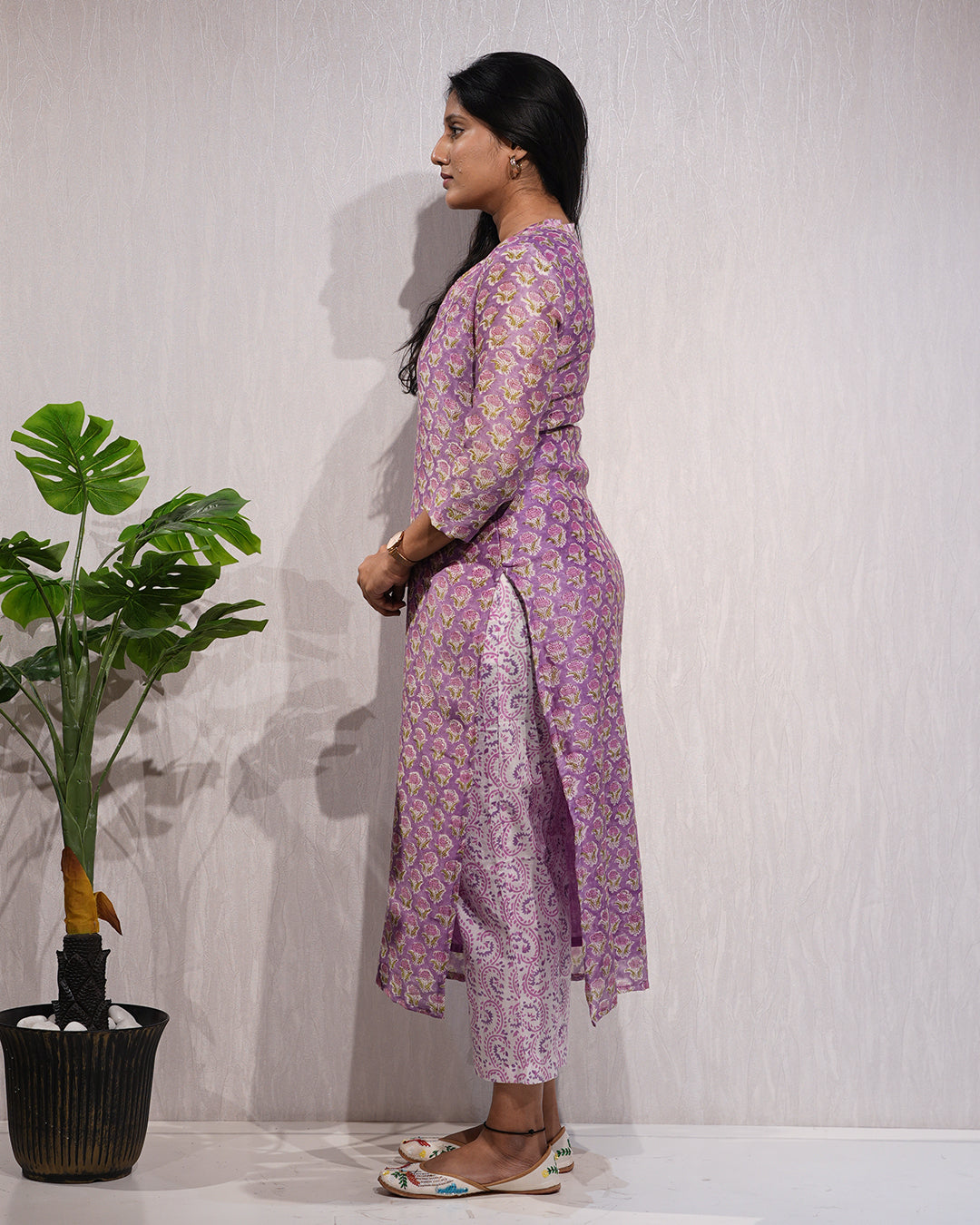 Lavender Handblock-Style Printed Cotton Suit Set
