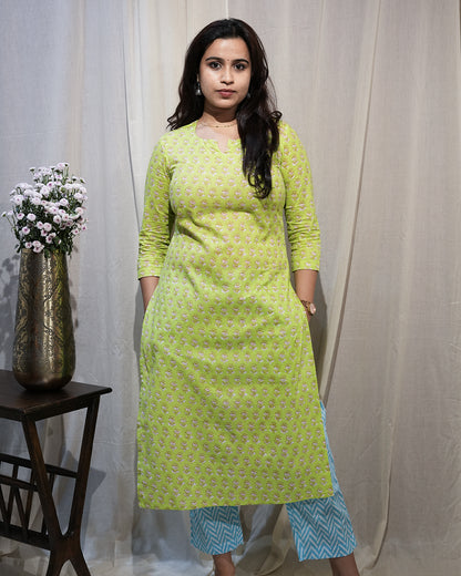 Lime Green Printed Kurta Set with Sky Blue Dupatta