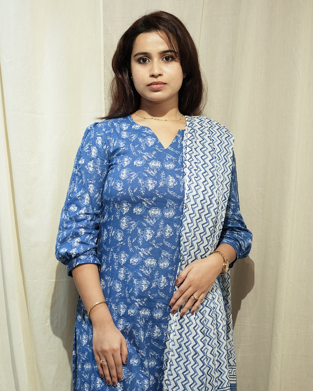 Blue Handblock-Style Printed Kurta Set with Dupatta