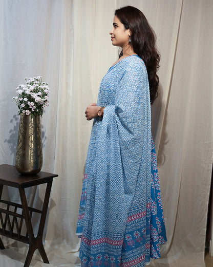 Blue Floral Anarkali Kurta Set with Dupatta