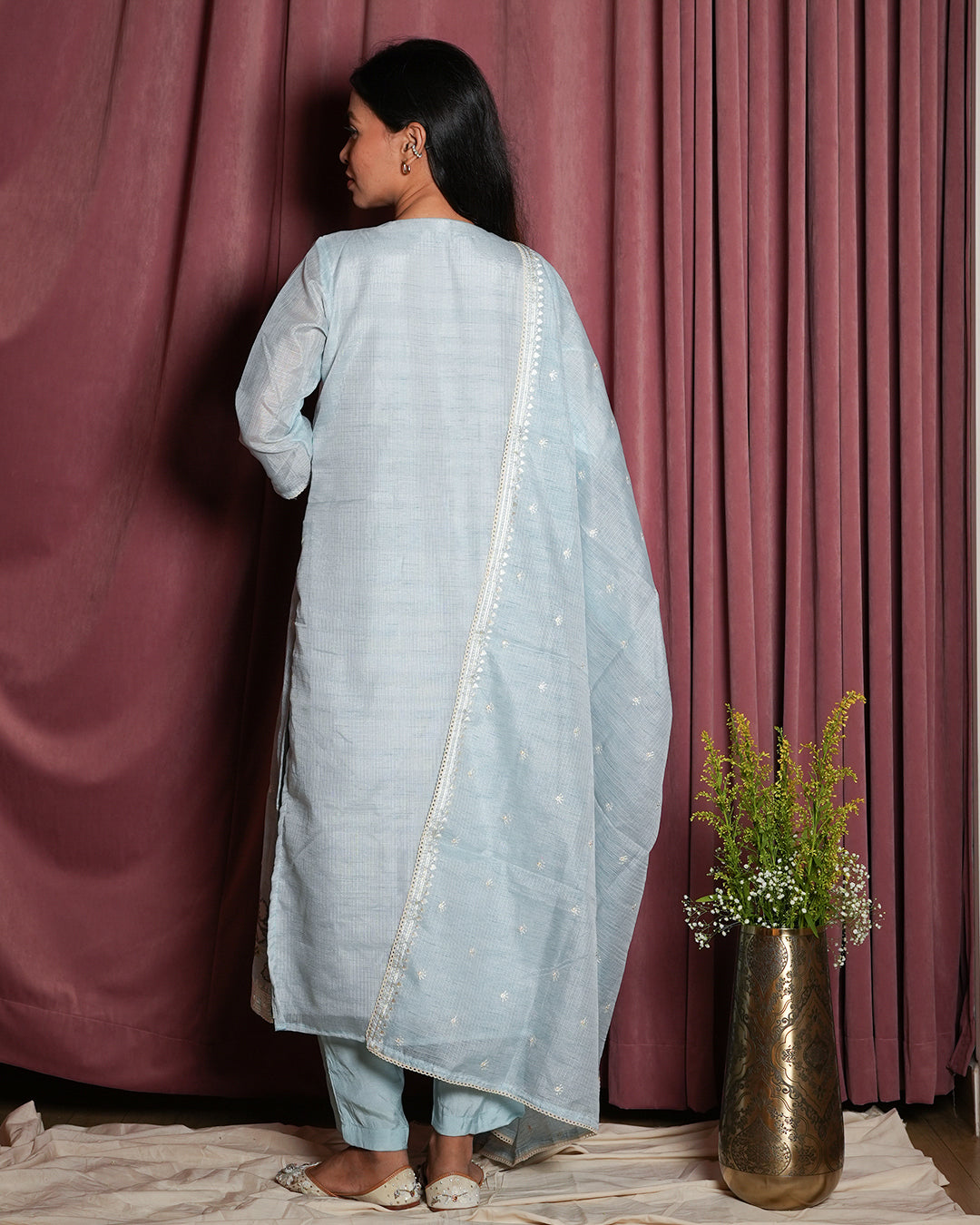 Ice Blue Chanderi Embroidered Suit Set