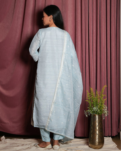 Ice Blue Chanderi Embroidered Suit Set