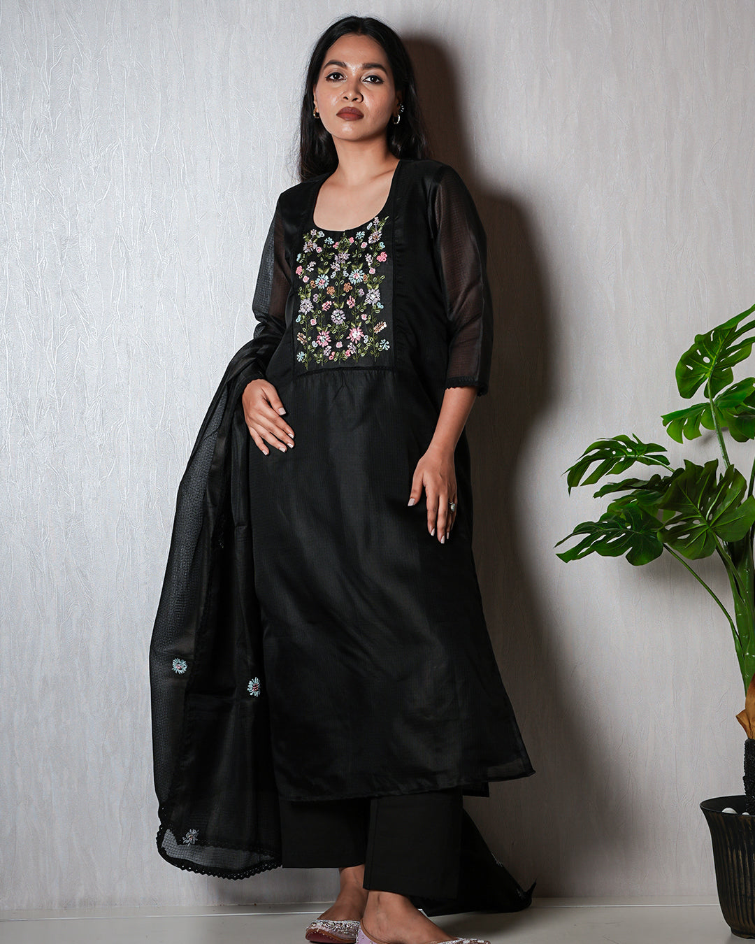 Black Floral-Embroidered Yoke Suit Set