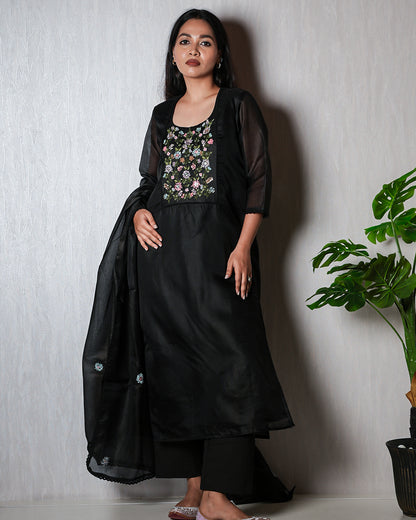 Black Floral-Embroidered Yoke Suit Set