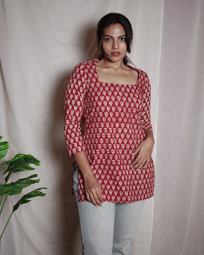 Red Handblock Printed Short Kurta