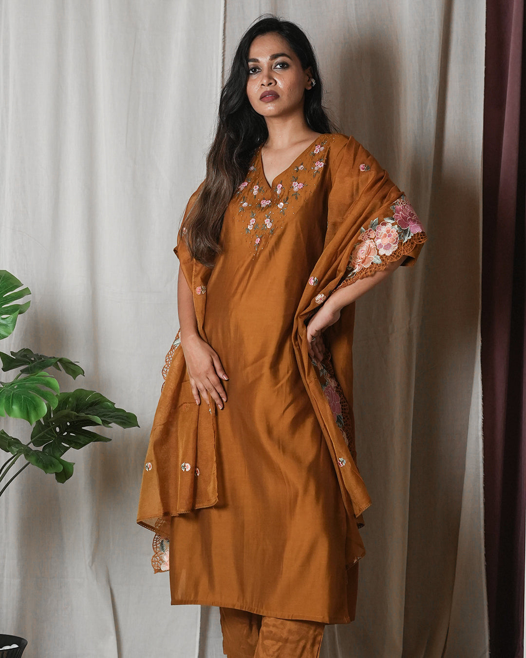 Rust Brown Floral-Embroidered Suit Set