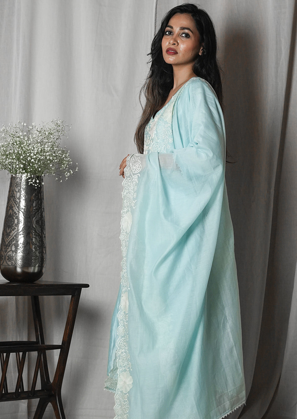 Powder Blue Chikankari-Style Suit Set