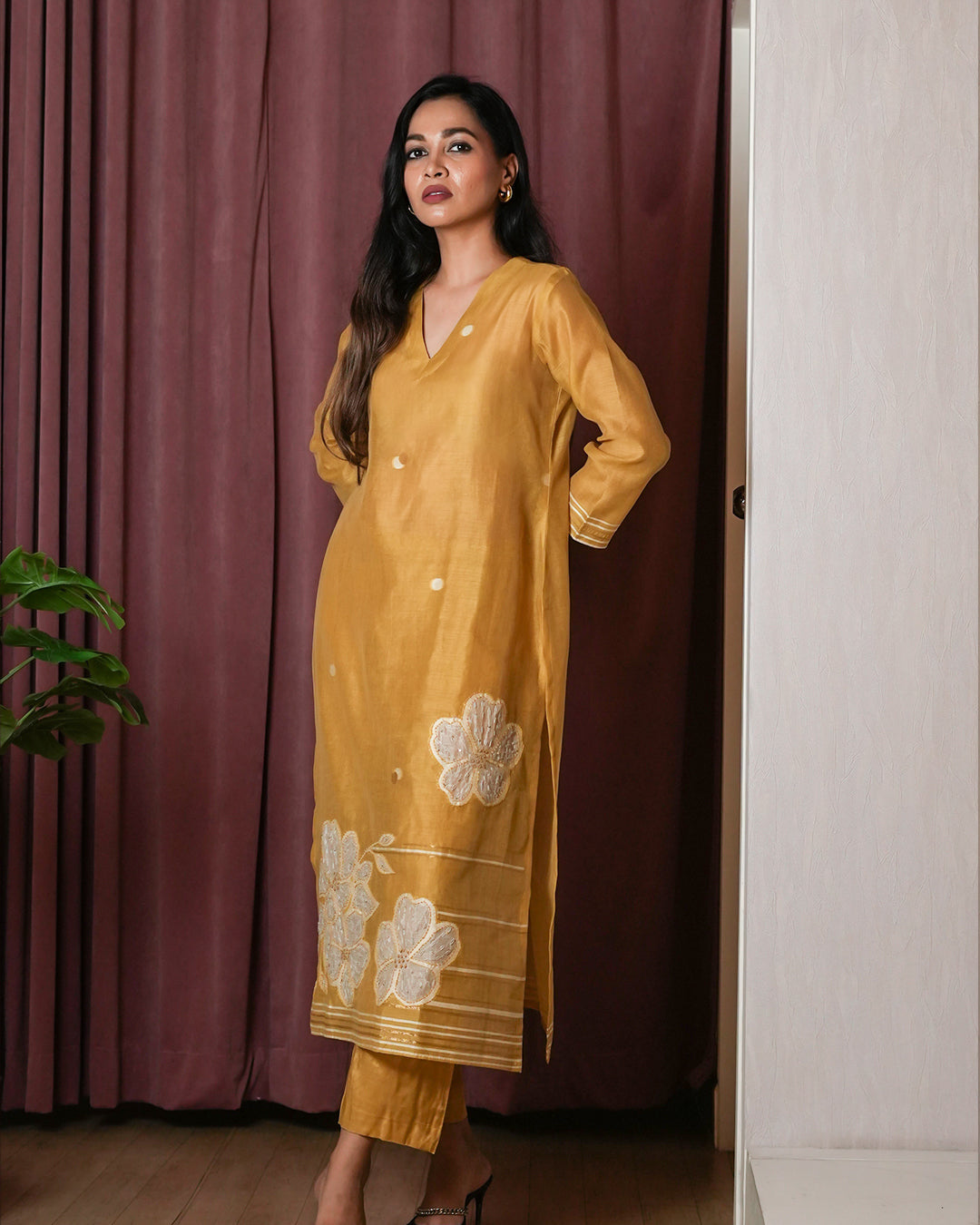 Mustard Yellow Thread-Embroidered Suit Set