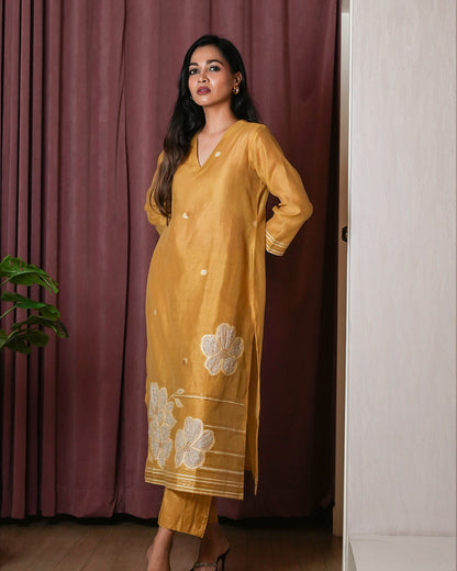 Mustard Yellow Thread-Embroidered Suit Set