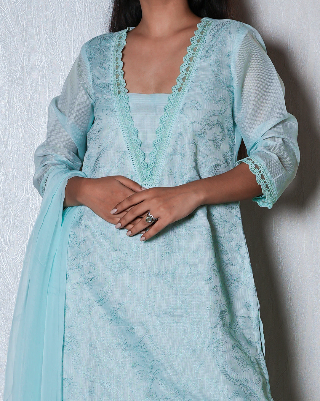 Powder Blue Chikankari-Style Suit Set