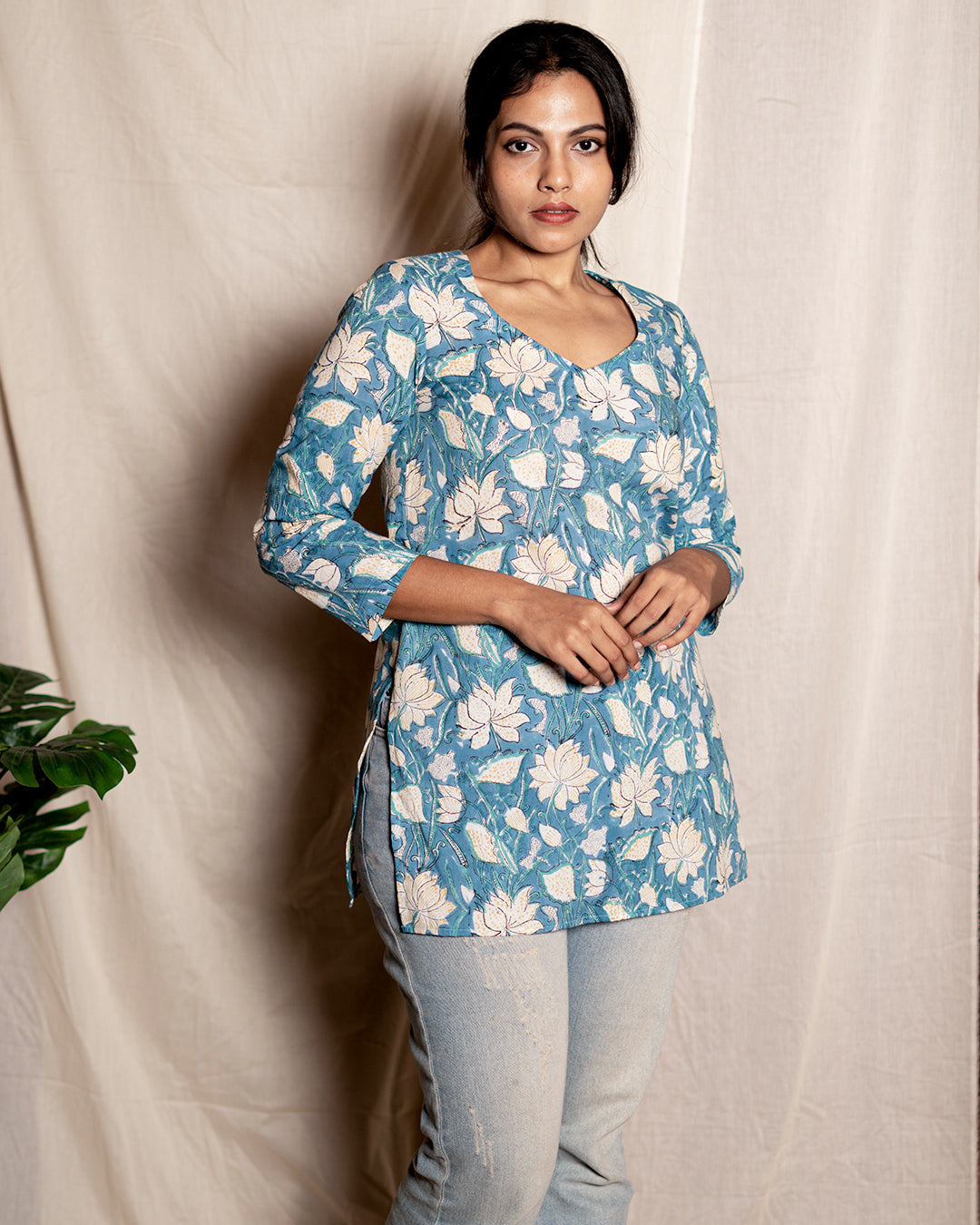 Blue Floral Printed Short Kurta