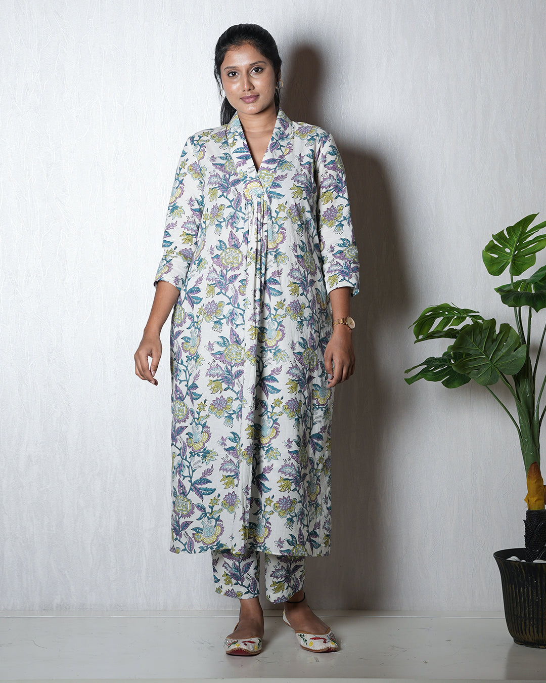 White Floral Hand block Kurta Set