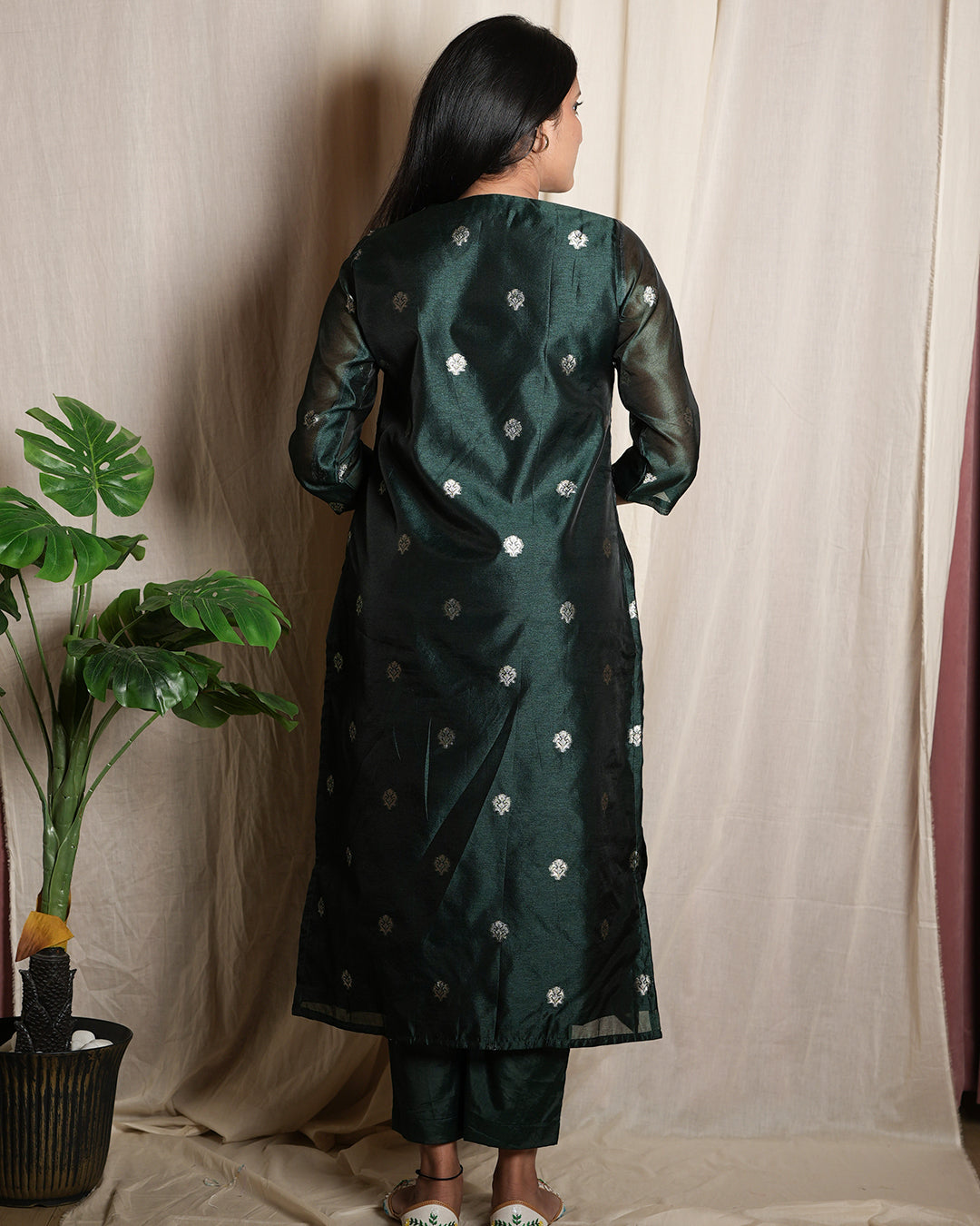 Rolaye Green Handblock-Style Printed Banaras chanderi set