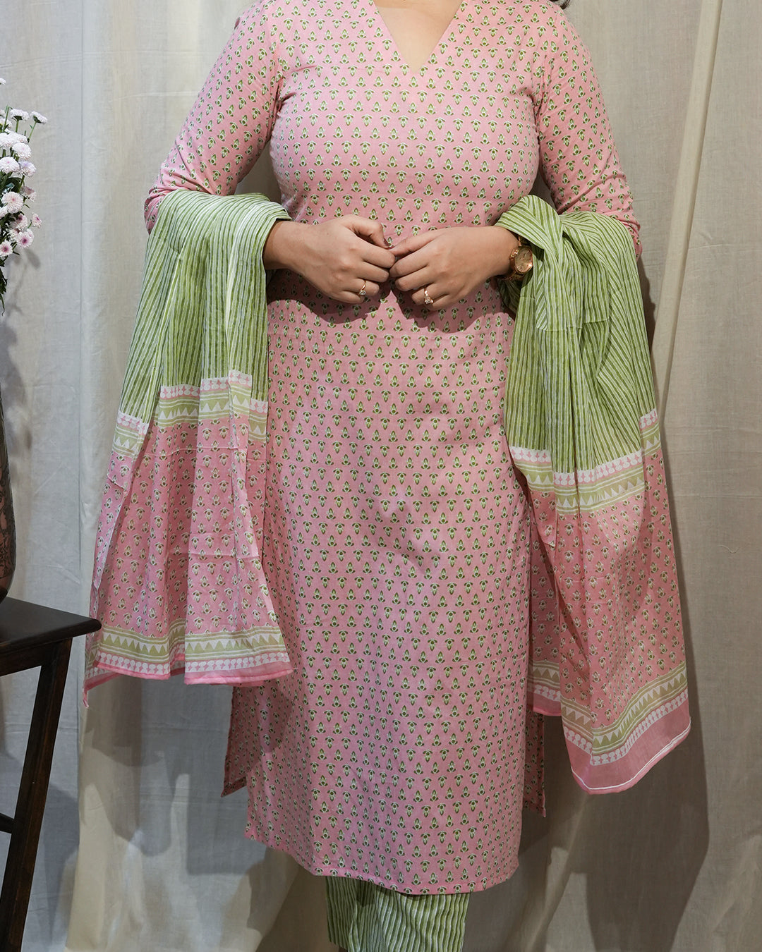 Light Pink &amp; Green Printed Cotton Suit Set