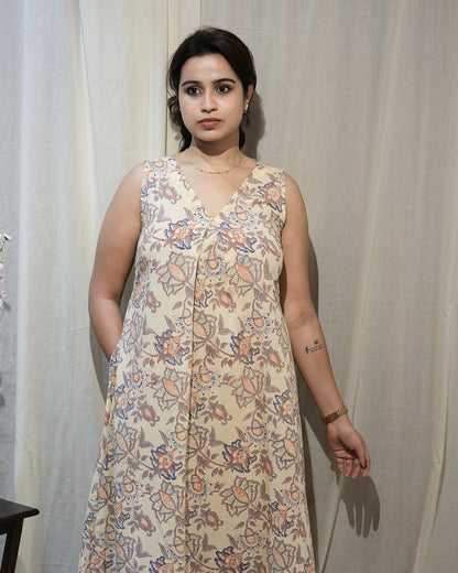 Beige Floral Sleeveless A-Line Kurta Set