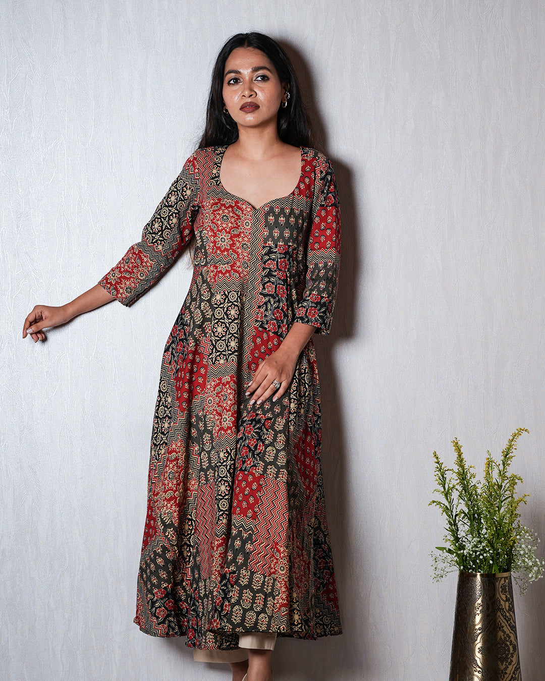 Black &amp; Red Patch-Print Anarkali Kurta