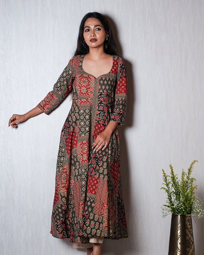 Black &amp; Red Patch-Print Anarkali Kurta