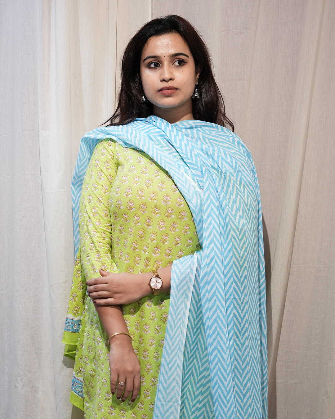 Lime Green Printed Kurta Set with Sky Blue Dupatta