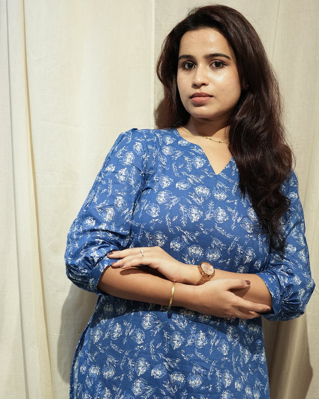 Blue Handblock-Style Printed Kurta Set with Dupatta