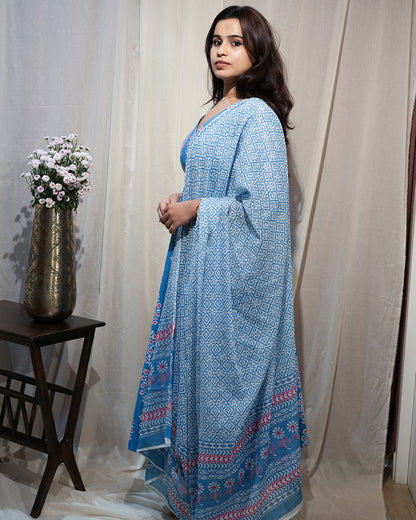 Blue Floral Anarkali Kurta Set with Dupatta