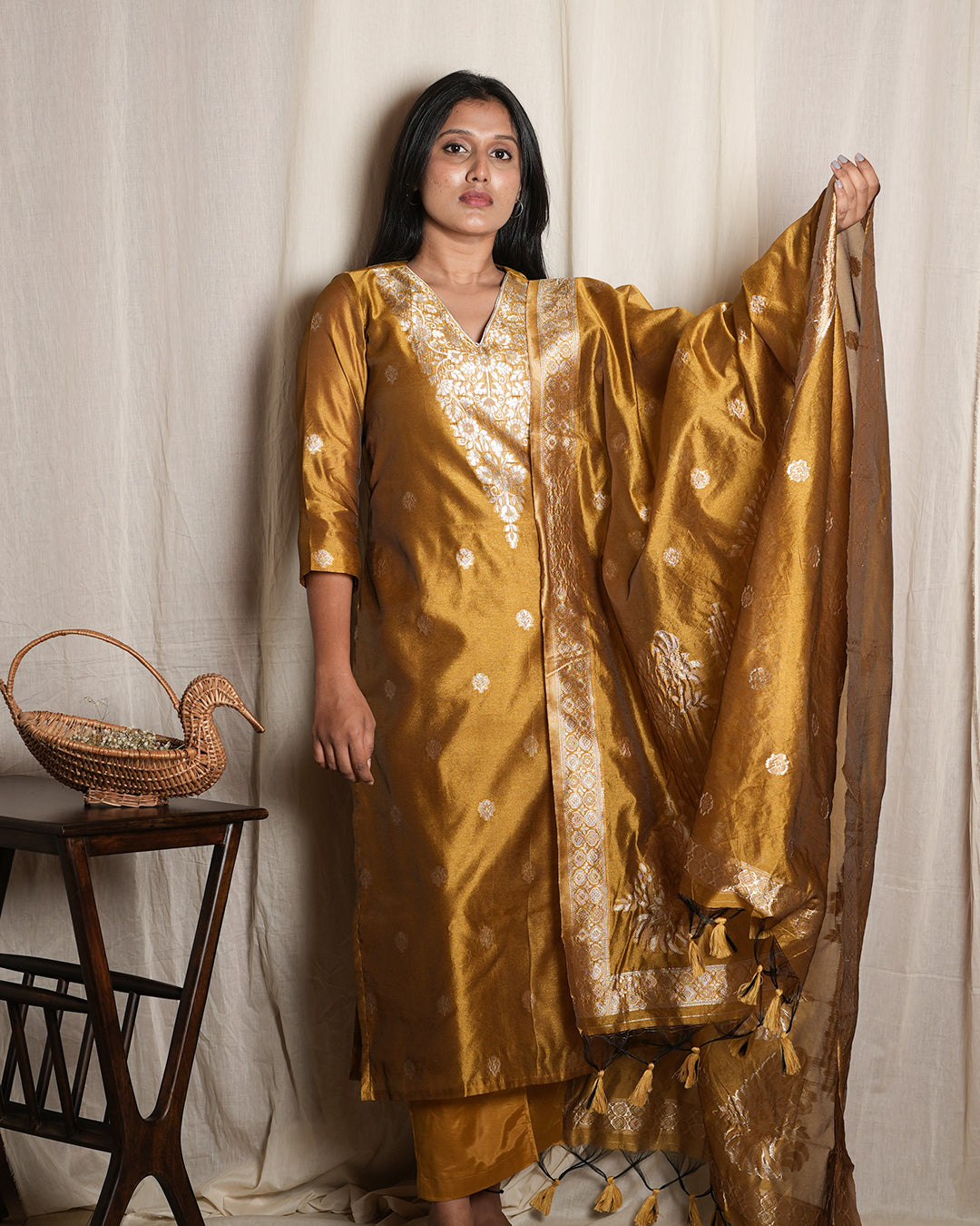 Mustard Gold Woven Ethnic Banaras chanderi Set