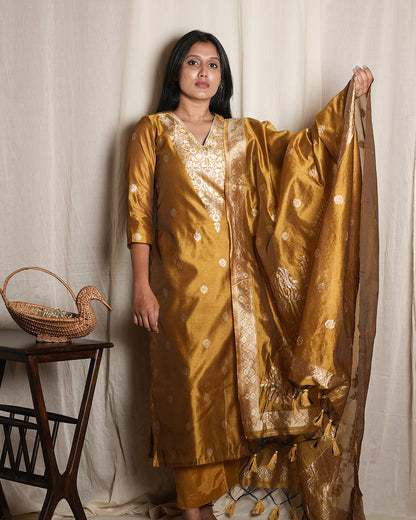 Mustard Gold Woven Ethnic Suit Set