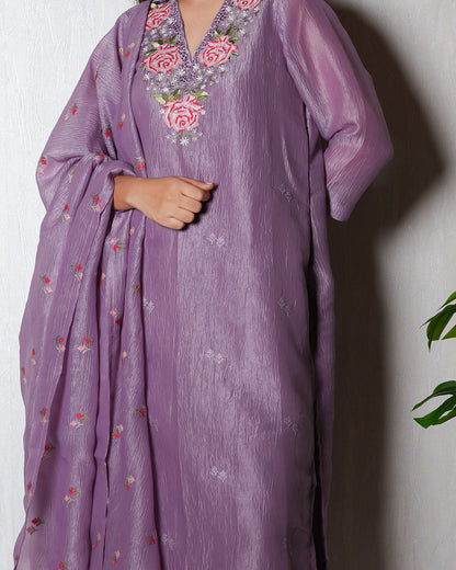 Lavender Silk-Blend Embroidered Suit Set