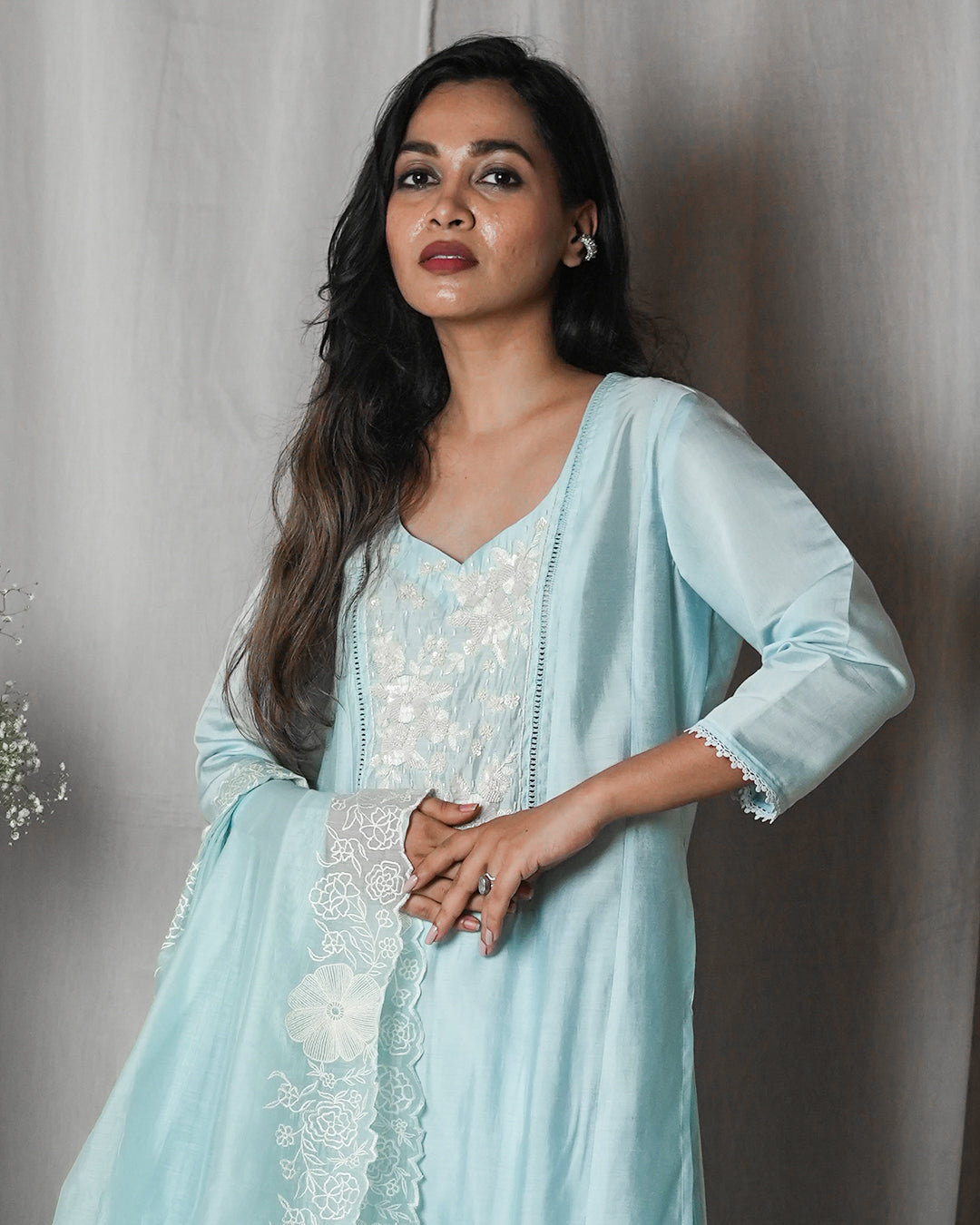 Powder Blue Chikankari-Style Suit Set
