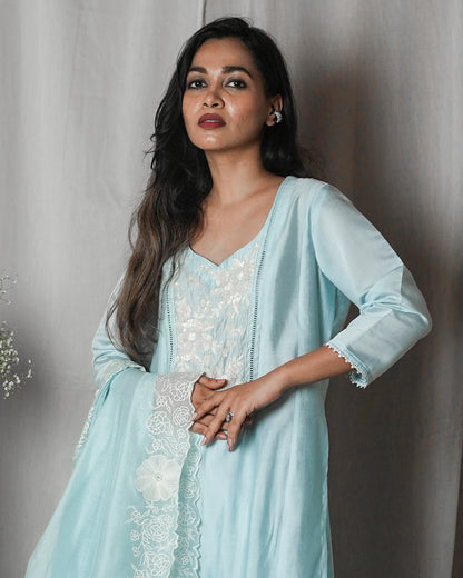 Powder Blue Chikankari-Style Suit Set