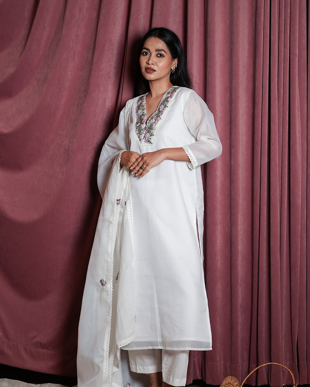 White Floral-Embroidered Ethnic Suit Set