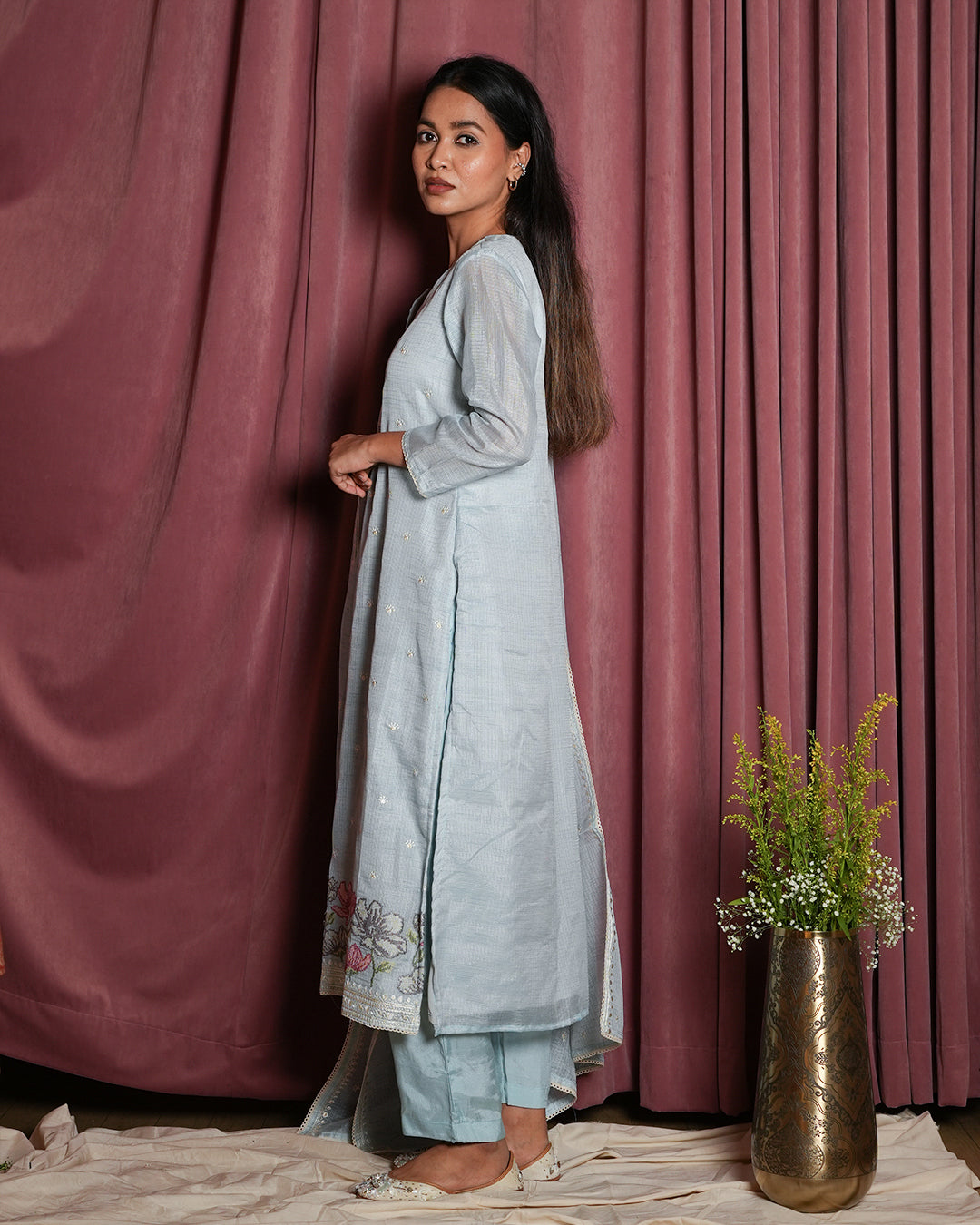 Ice Blue Chanderi Embroidered Suit Set
