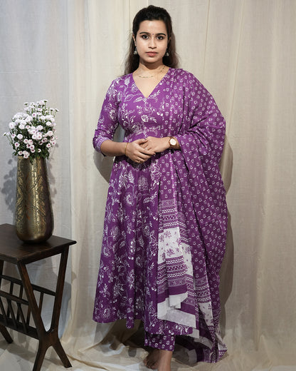 Purple Floral Anarkali Kurta Set with Dupatta