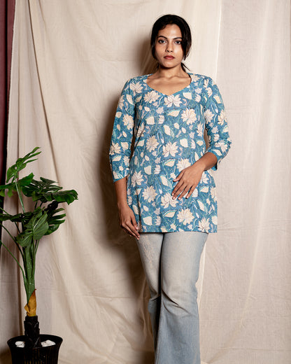 Blue Floral Printed Short Kurta