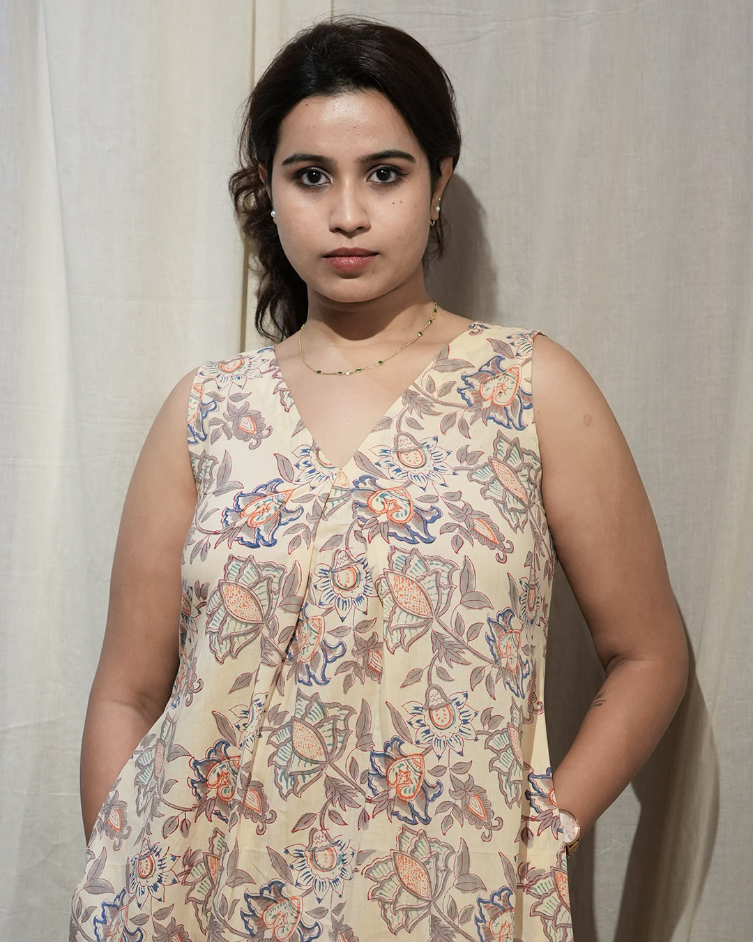 Beige Floral Sleeveless A-Line Kurta Set