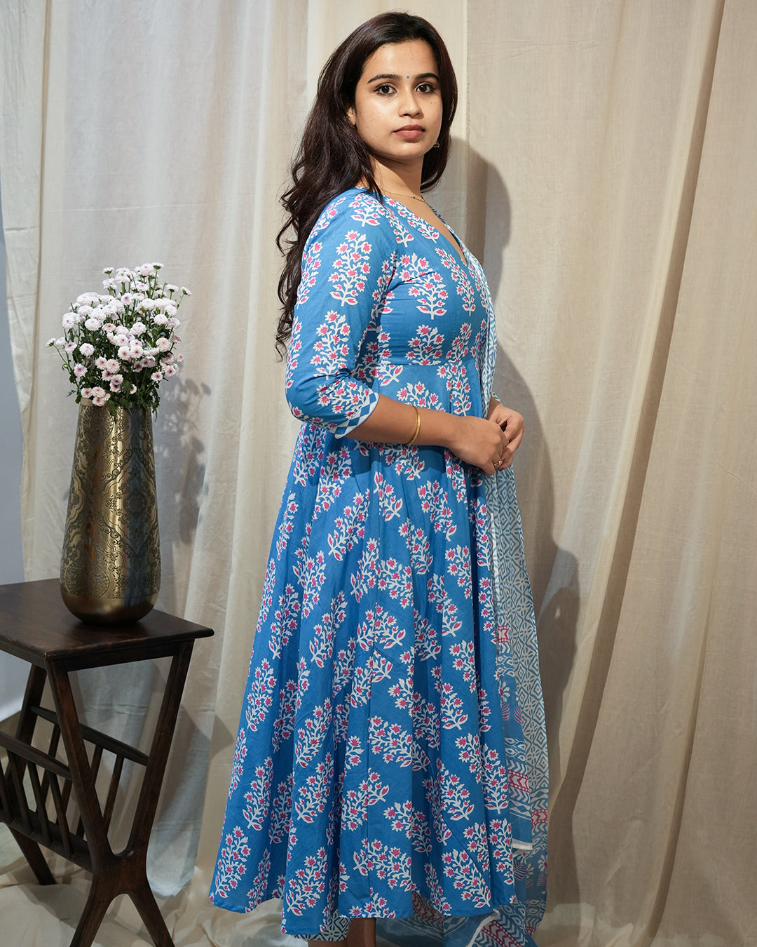 Blue Floral Anarkali Kurta Set with Dupatta