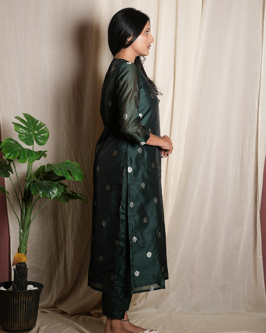 Rolaye Green Handblock-Style Printed Banaras chanderi set