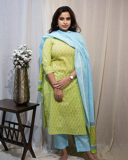 Lime Green Printed Kurta Set with Sky Blue Dupatta
