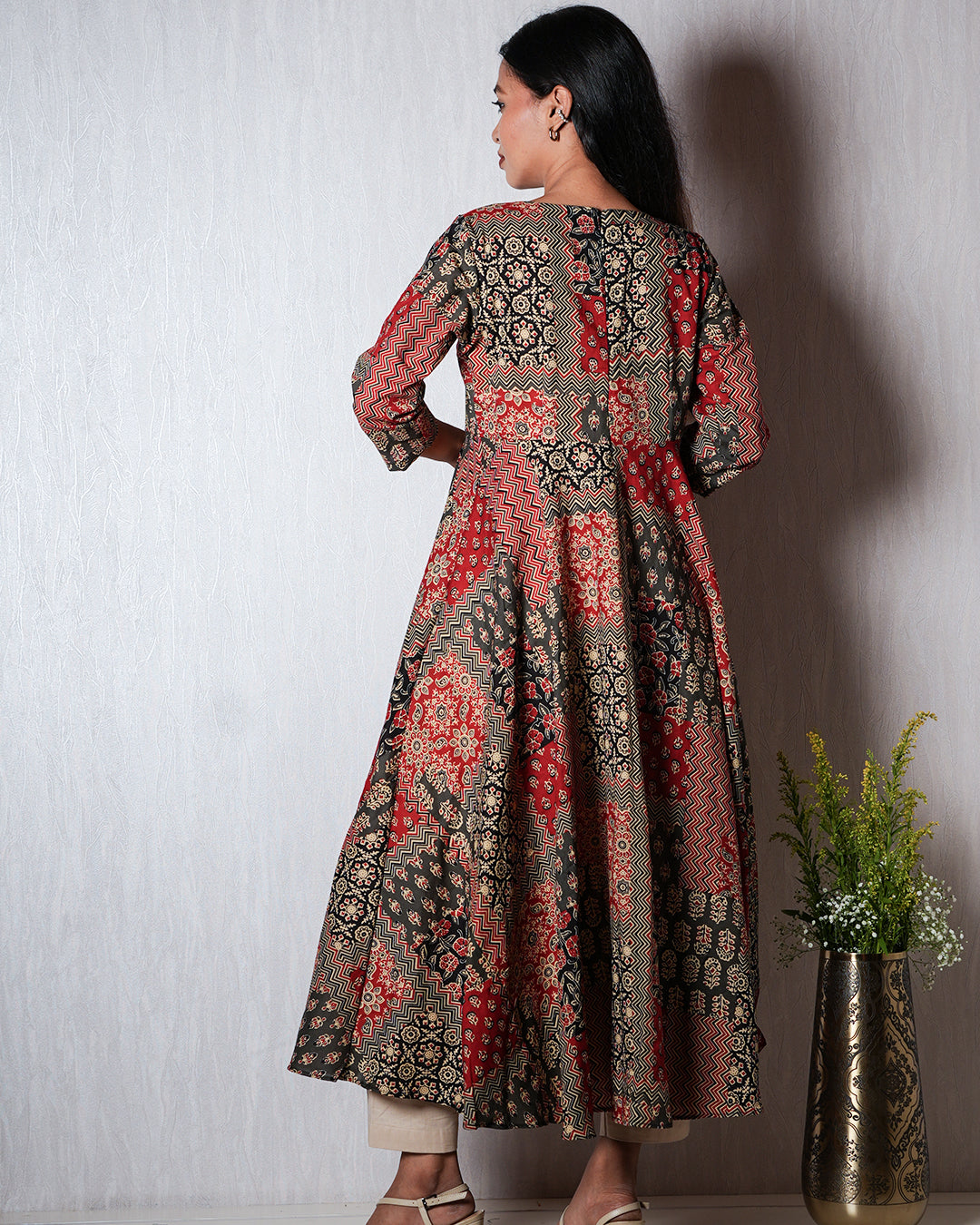 Black &amp; Red Patch-Print Anarkali Kurta