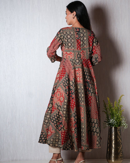 Black &amp; Red Patch-Print Anarkali Kurta